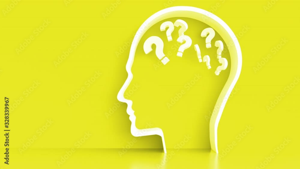 Moving Questionmarks in Human Head outline in front of a color wall background. Business Psychology concept Moving Questionmarks in Human Head outline in front of a color wall background. Business Psychology concept