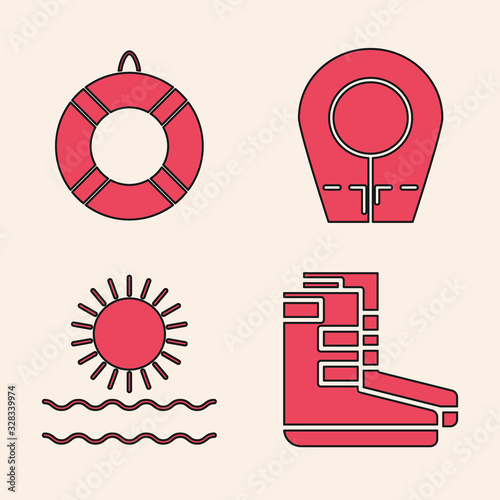 Set Boots, Lifebuoy, Diving hood and Sun and waves icon. Vector