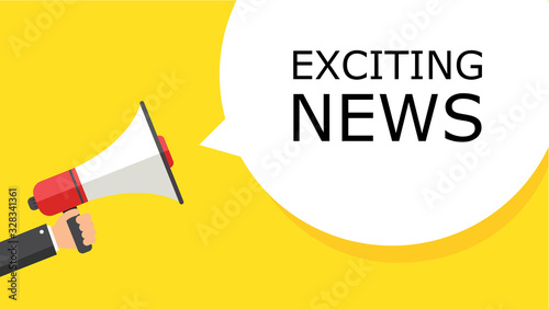 EXCITING NEWS.Hand holding a megaphone with a lucky you speech bubble. Banner for business, loudspeaker. Vector graphics in a flat style. Vector
