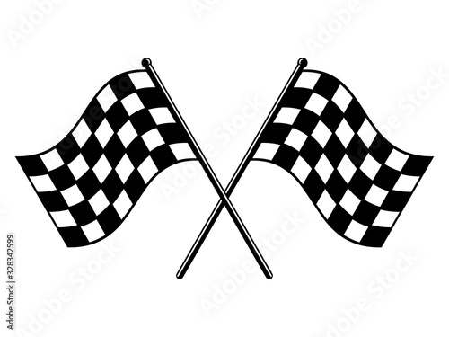 Checkered flags. Black and white race flag. Finish or start rippled crossed flag icon. Motorsport or auto racing symbol on white background. Final lap race. Vector illustration, flat style, clip art. 