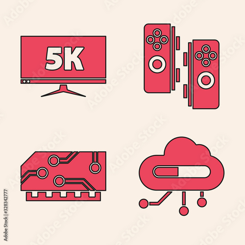 Set Internet of things, Monitor display with 5k video, Gamepad and RAM, random access memory icon. Vector