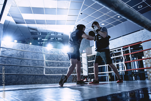 Professional boxers with gloves train fights in indoor boxing ring, dark colors © amixstudio