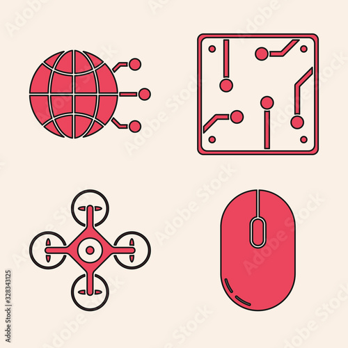 Set Computer mouse, Global technology or social network, Processor and Drone icon. Vector