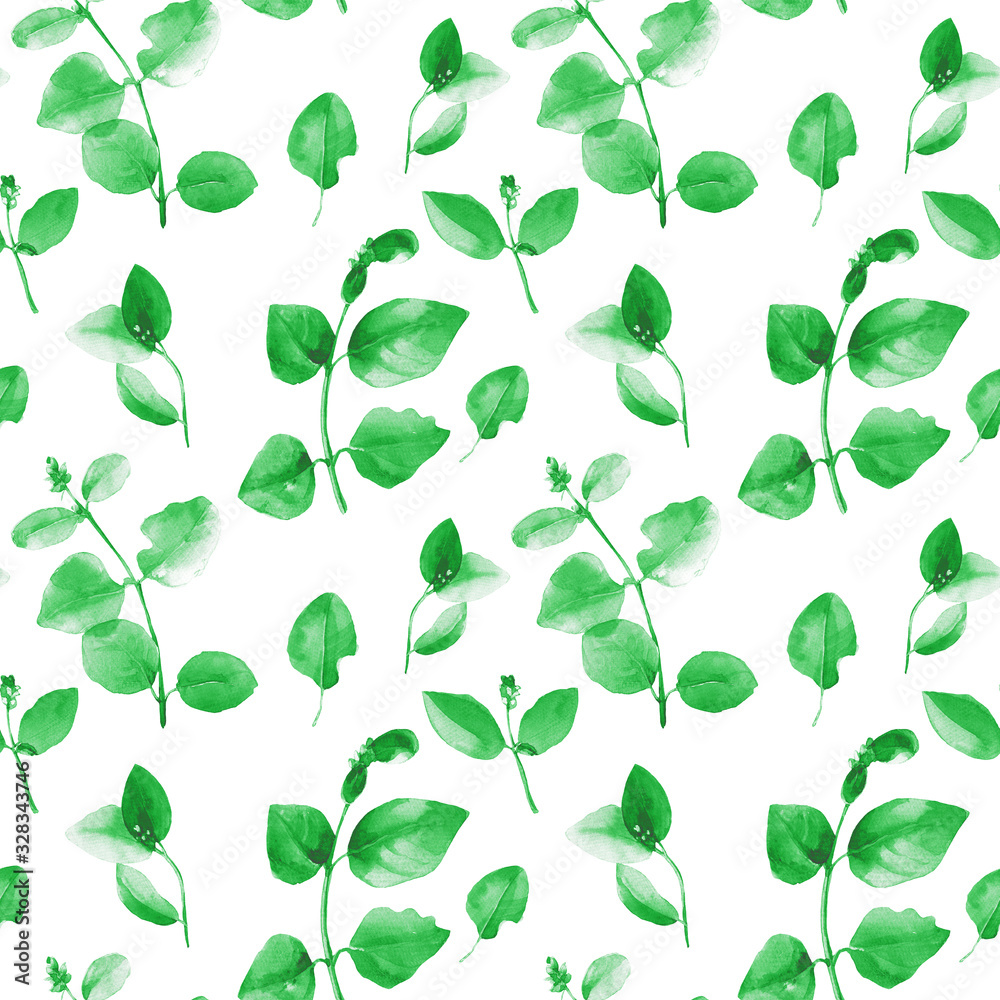 Watercolor seamless pattern of twigs with leaves.