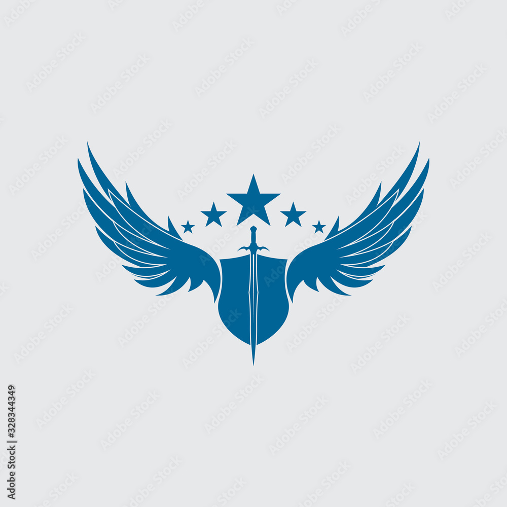 Obraz premium The winged sword with shield vector icon.