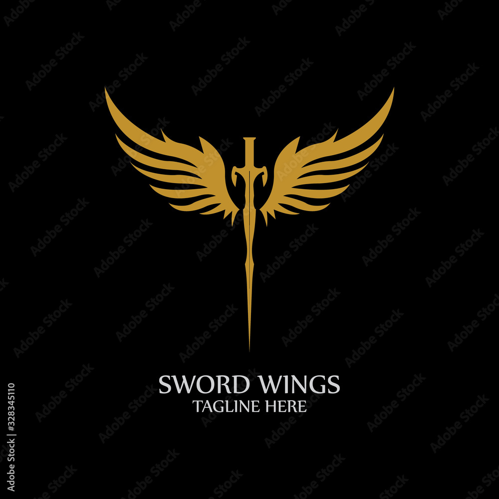 Fototapeta premium Sword with Wings. Golden Sword Symbol on Black Background.