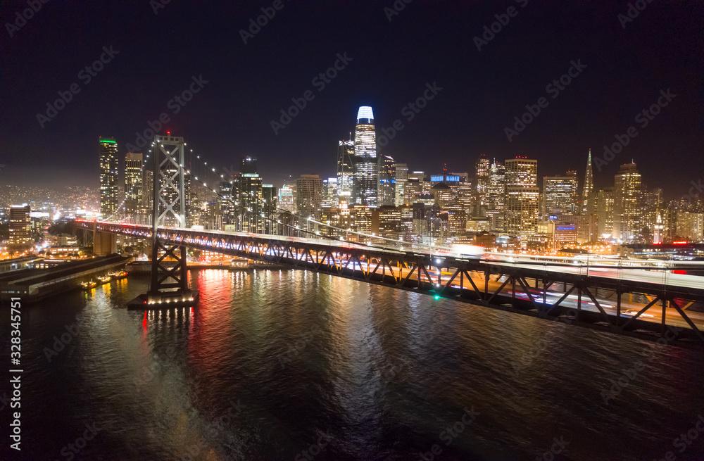 San Francisco downtown buildings skyline night bay bridge