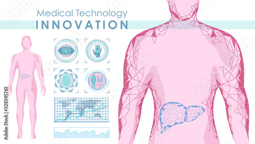 Vector illustration of modern medical examination of human body. concept human body scan, liver medical care. Anatomy, Ecg monitor, X-ray, Medical Infographic, Statistic and Diagrams templates.