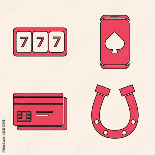 Set Horseshoe, Slot machine with lucky sevens jackpot, Online poker table game and Credit card icon. Vector