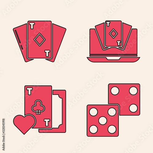 Set Game dice, Playing card with diamonds, Online poker table game and Playing card with clubs symbol icon. Vector