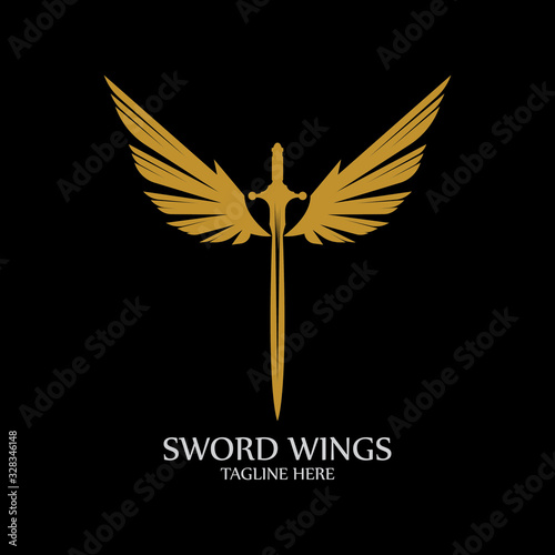 Sword with Wings. Golden Sword Symbol on Black Background.