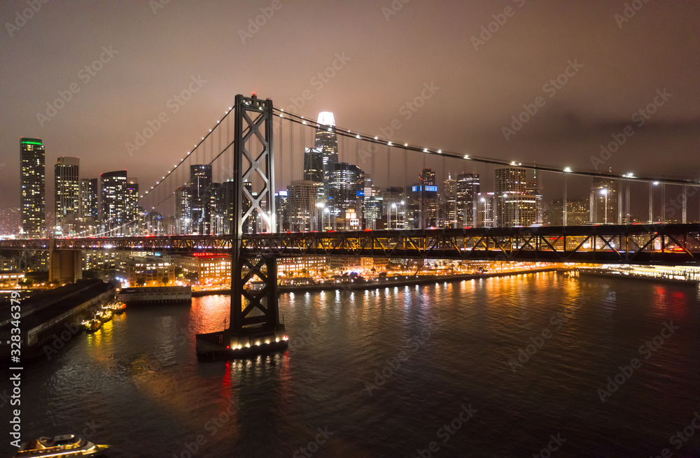 San Francisco downtown buildings skyline night bay bridge San Francisco downtown buildings skyline night bay bridge