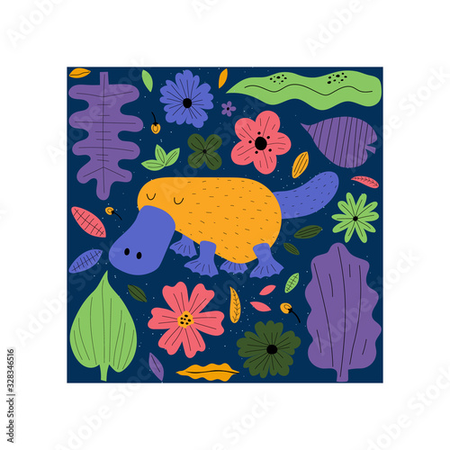 Hand drawn colorful platypus with flowers and leaves. Cute kids style template design. Vector illustration photo