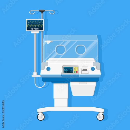 Infant incubators machine maintain healthy environment for newborn premature sick babies neonatal intensive care unit hospital clinic with air temperature humidity oxygen sensor