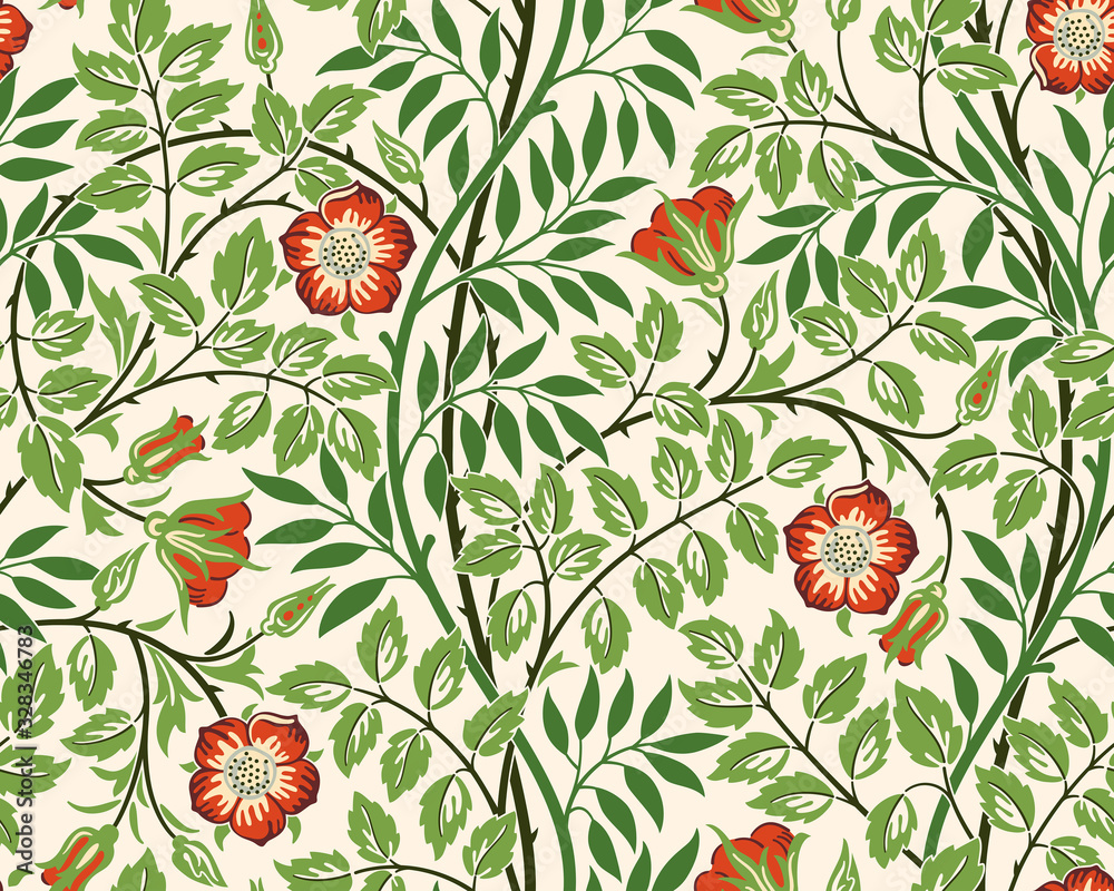 Vintage floral seamless pattern background with red roses and foliage on light background. Vector illustration.