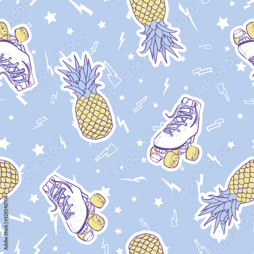 Vector Summer Roller Skates with Pineapples on Light Blue seamless pattern background.