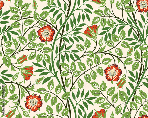 Photo Vintage floral seamless pattern background with red roses and foliage on light background