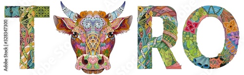 Bull in Spanish with bull head artwork illustration on the white background