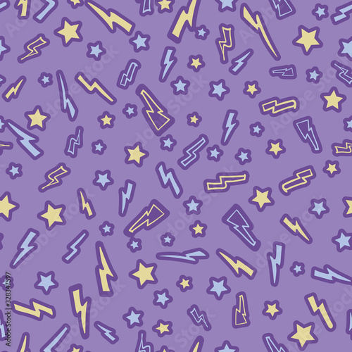 Vector Colorful Lighting and Star Doodle seamless pattern background.