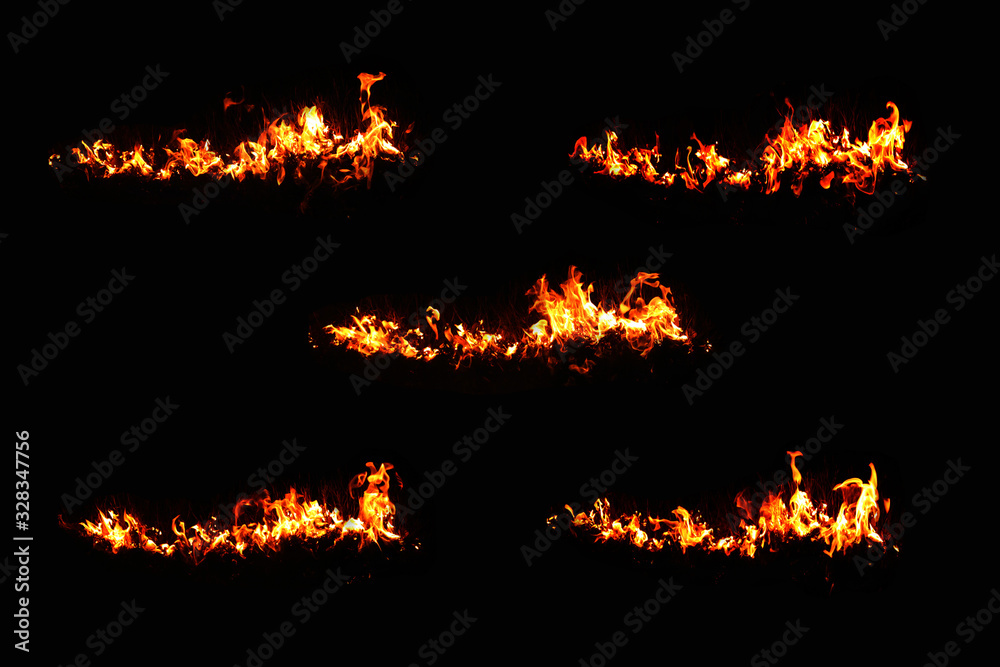 Set of 5 flame images, set on a black background. Thermal power