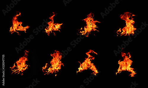Set of 8 flame images, set on a black background. Thermal power