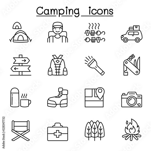 Camping & Hiking icons set in thin line style