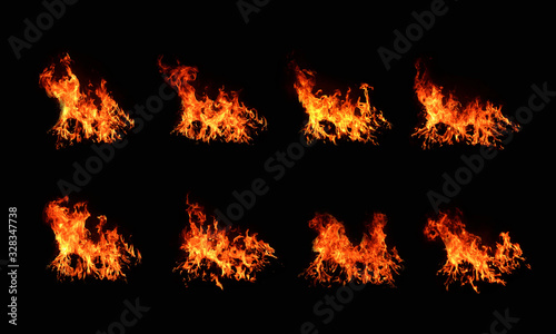 Set of 8 flame images on a black background Fire heat energy