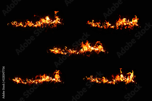 Set of 5 flame images, set on a black background. Thermal power