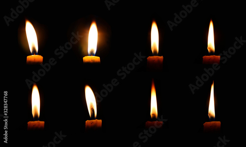 10 beautiful candle flame images set on a black background. Different forms of natural heat energy
