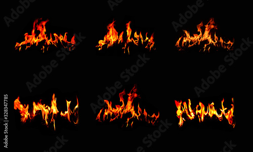 6 flame images set on a black background. Different forms of natural heat energy