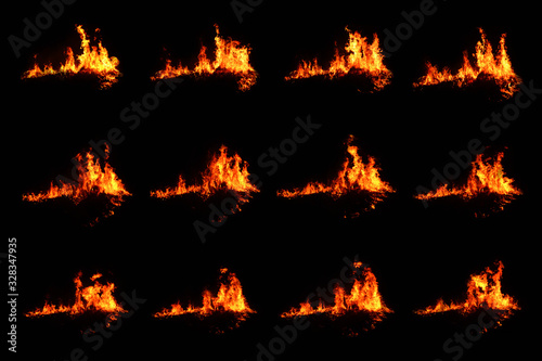 Fire set, 12 images, yellow-red flame Heat energy on a black background