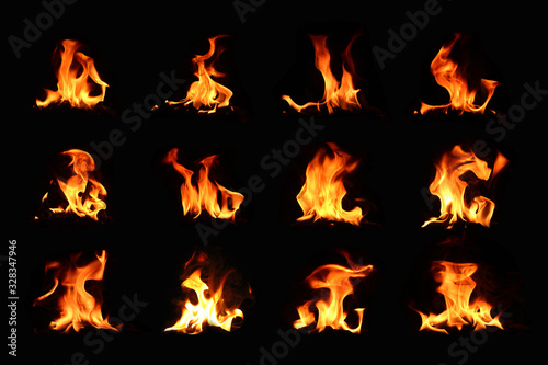 Fire set, 12 images, yellow-red flame Heat energy on a black background