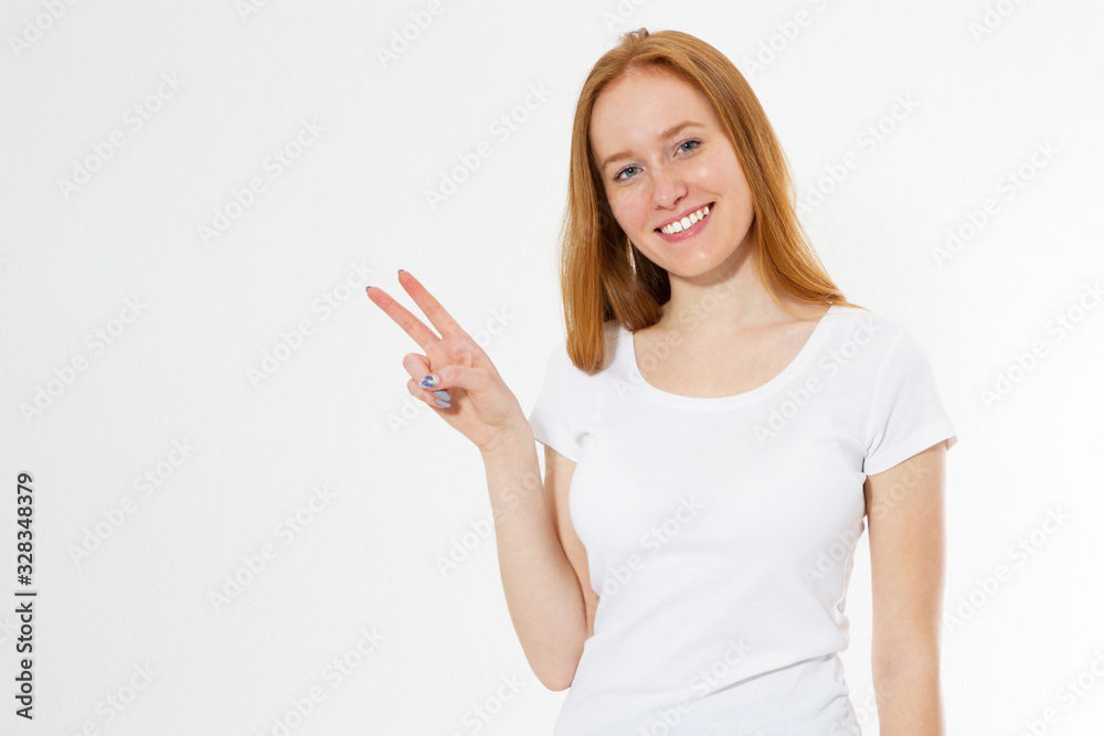 Young red-head woman showing two fingers, positive or peace gesture, on white, Beautiful Girl Show Victory Sign Young red-head woman showing two fingers, positive or peace gesture, on white, Beautiful Girl Show Victory Sign