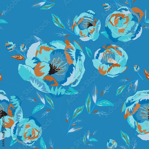 Large beige pink buds and peonies flowers surrounded by green leaves on a white background. Floral seamless pattern.
