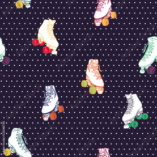 Vector Fun Colorful Roller Skates with Dots seamless pattern background.