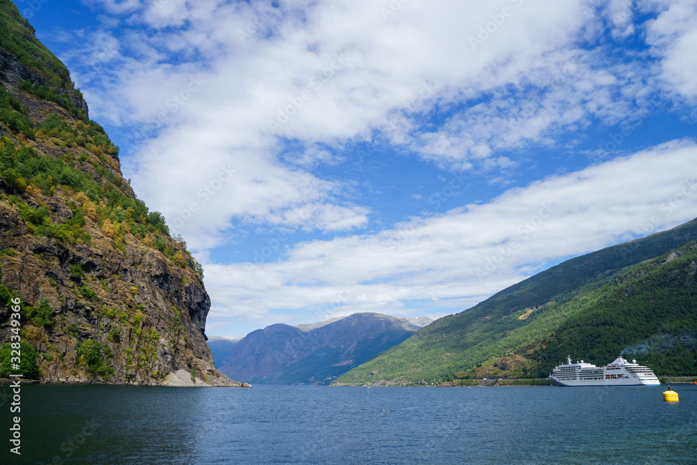 Breathtaking view of Sunnylvsfjorden fjord and cruise ship. western Norway
