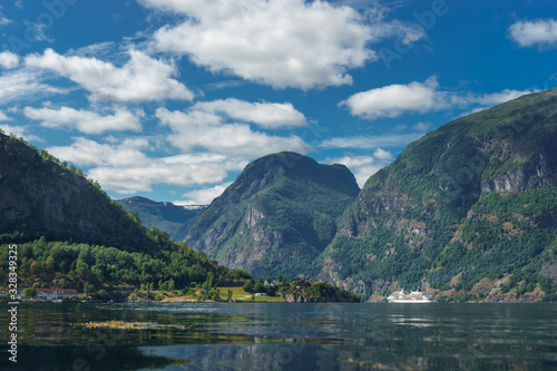 Breathtaking view of Sunnylvsfjorden fjord and cruise ship. western Norway