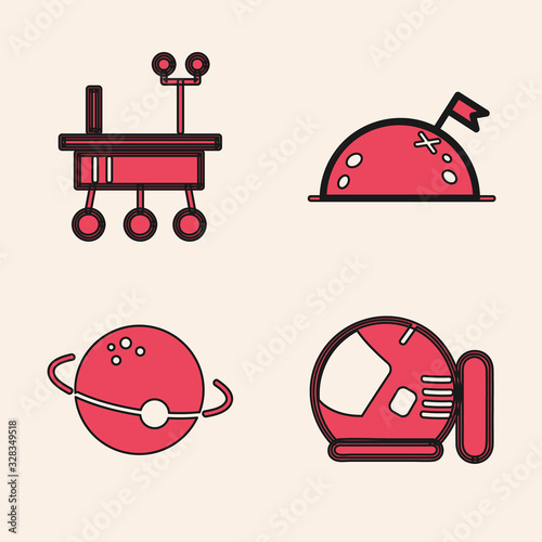 Set Astronaut helmet, Mars rover, Planet with flag and Planet icon. Vector