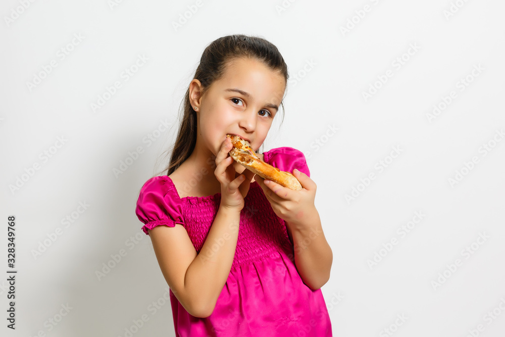 happy little girl with pizza white background happy little girl with pizza white background