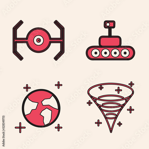 Set Black hole, Cosmic ship, Mars rover and Earth globe icon. Vector