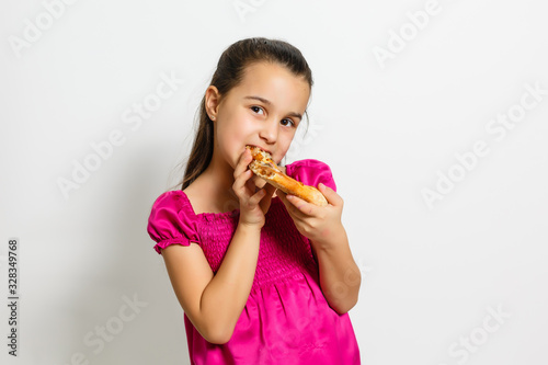 happy little girl with pizza white background