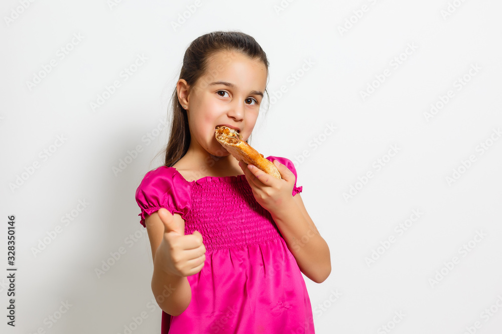 happy little girl eating pizza white background happy little girl eating pizza white background