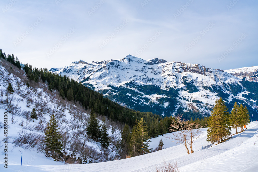 View of snow covered Swiss Alps above Wenge ski resort, Switzerland