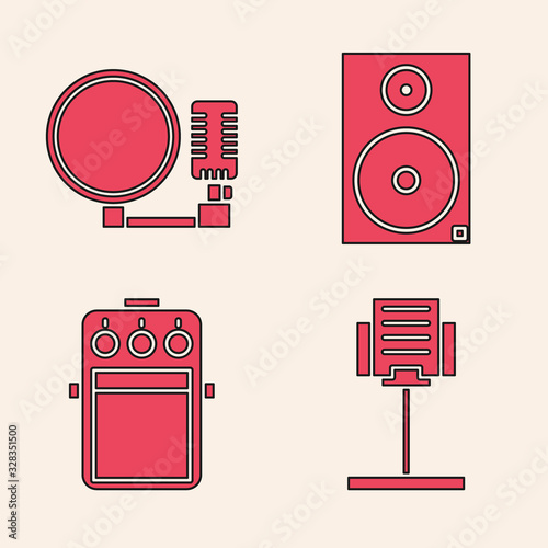 Set Music stand, Microphone, Stereo speaker and Guitar pedal icon. Vector