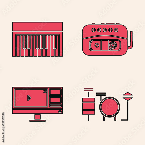 Set Drums, Music synthesizer, Music tape player and Video recorder or editor software on monitor icon. Vector