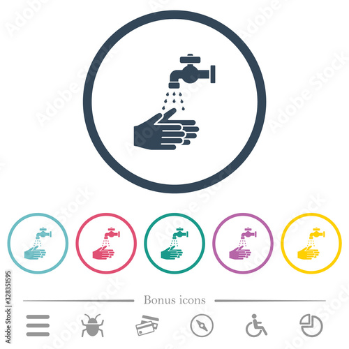 Hand washing flat color icons in round outlines