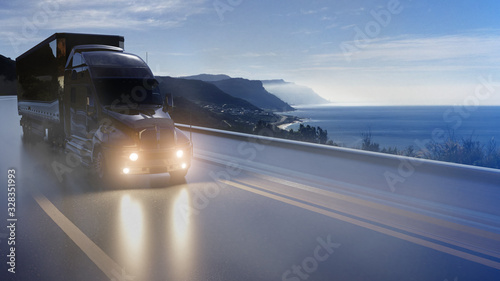 3d illustration of Speeding Transportation Semi Truck driving on road. Transports, logistics concept