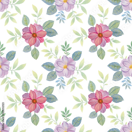 Seamless botanical pattern on a white background. Watercolor flowers with leaves. Illustration of a bouquet.