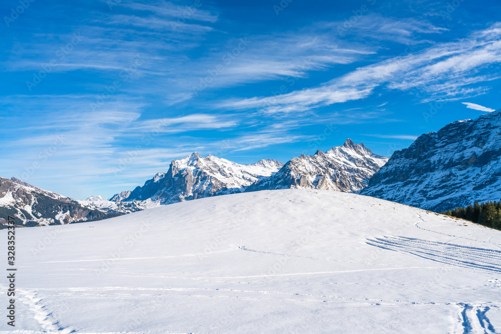 Winter landscape with snow Swiss Alps from Mannlichen mountain in Grindelwald ski resort. Winter in Switzerland