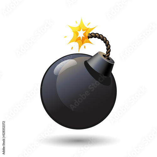 Black round bomb with burning fuse icon isolated on white background, arms, weapon, vector illustration.